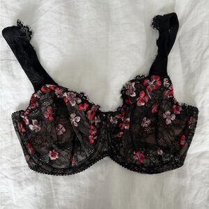 Prima Donna Black Lace Underwire Bra with Pink & Red Floral Embroidery